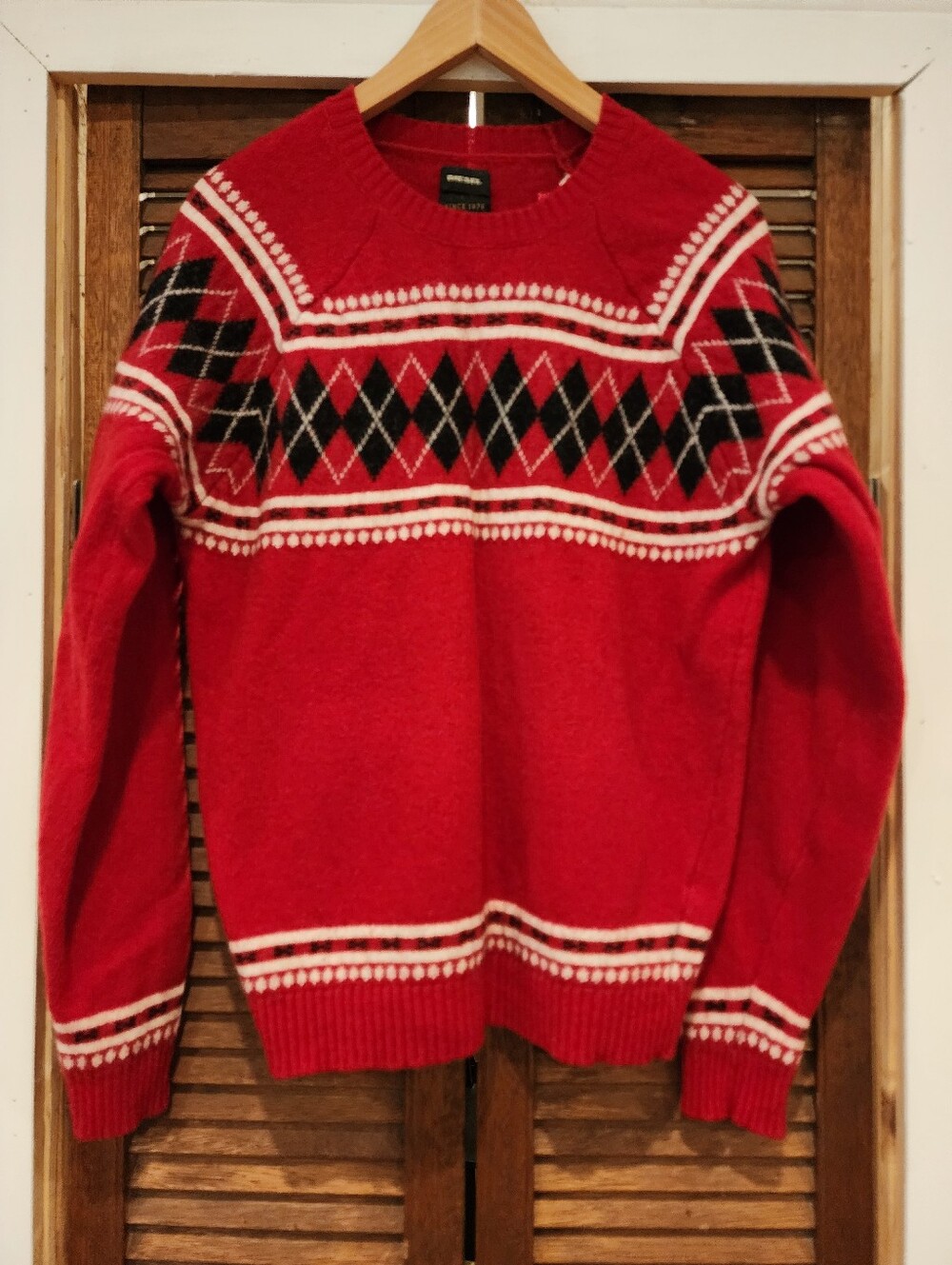 Diesel Red Nordic Crewneck Sweater with Black & White Accents Size XL